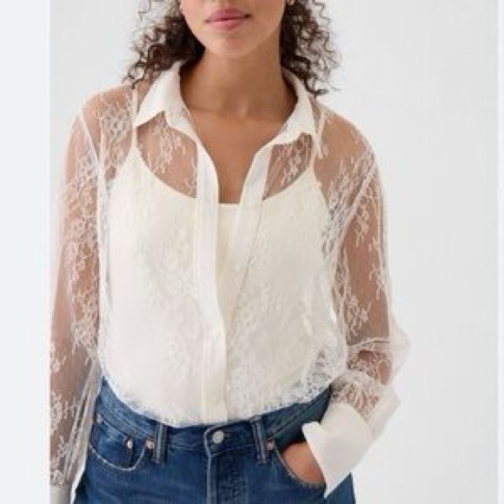 GAP Sheer White Lace Button Up Top